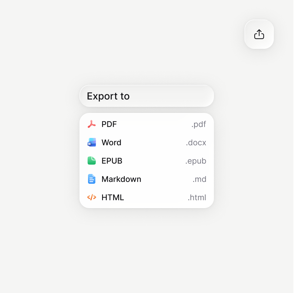 Export dropdown with PDF, Word, EPUB, Markdown, and HTML